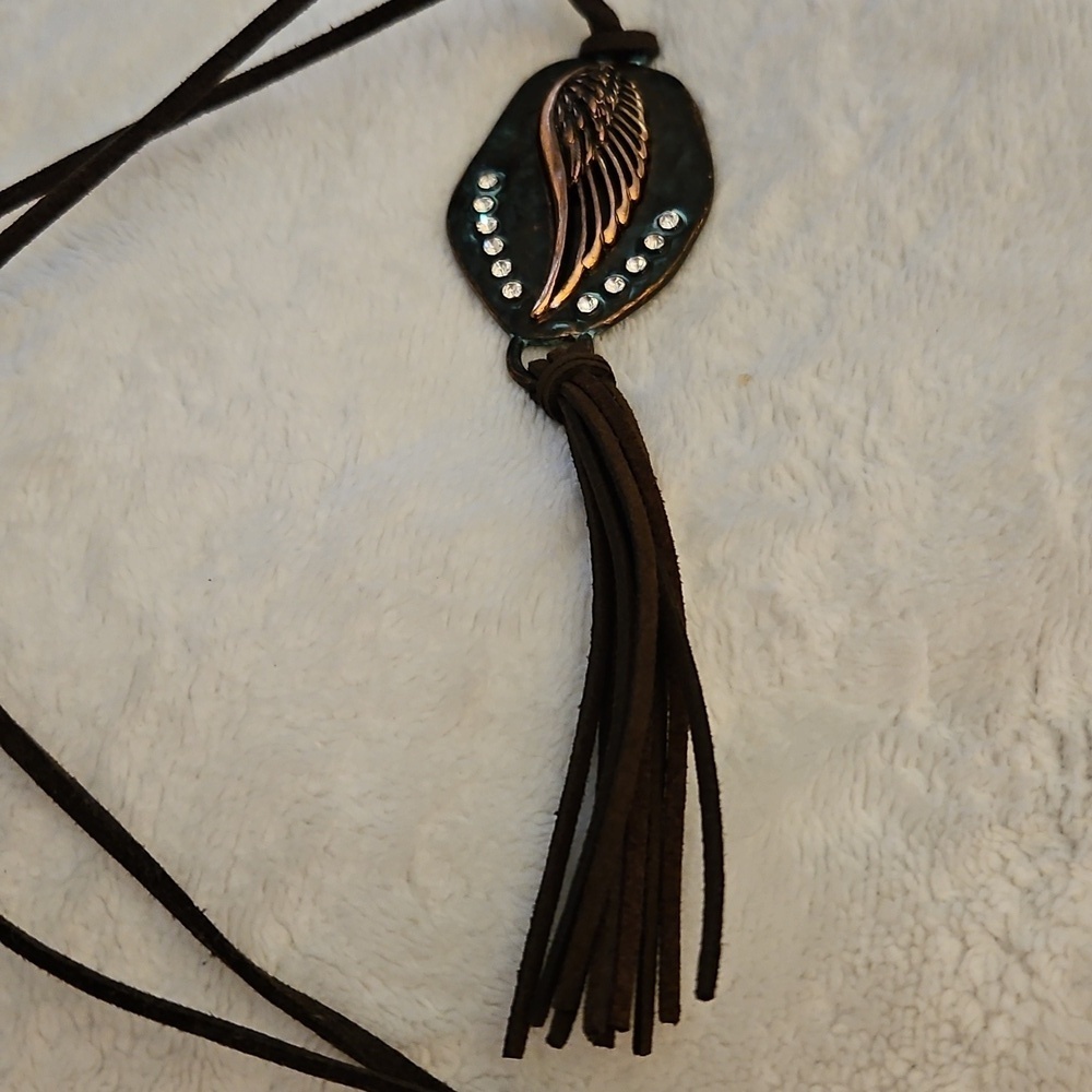 Copper Angel Wing Rhinestone Pendant Long Rope Necklace - Picture 5 of 5